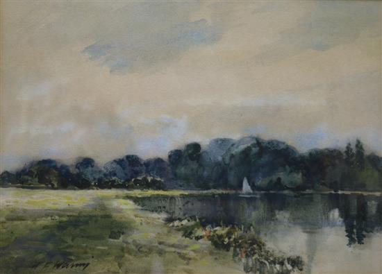 H. F. Waring, watercolour, lake scene with sailing dinghy, signed, 21.5 x 29.5cm